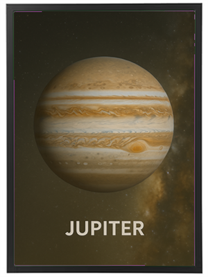 Et billede af Jupiter, den største planet i vores solsystem, med sine karakteristiske striber.