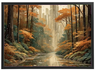 En smuk skov med efterårsfarver, hvor træerne spejler sig i en stille vandløb.