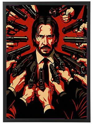 En dramatisk illustration af en mand omgivet af hænder med pistoler, der skaber en intens atmosfære.
