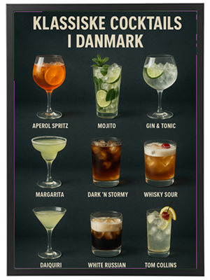 En samling af populære cocktails, der serveres i Danmark, præsenteret med navne.