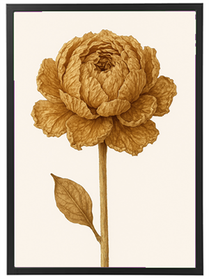 En detaljeret illustration af en blomst i brune nuancer, indrammet i sort.