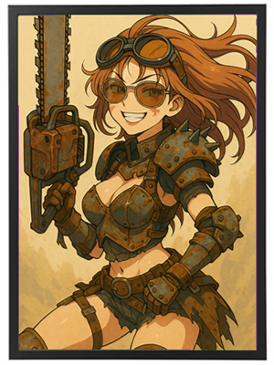 En energisk kvinde iført rustik rustning og solbriller, der holder en motorsav.