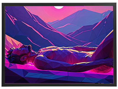 En farverig, polygonal illustration af en mand, der ligger på en bakke med bjerge i baggrunden.