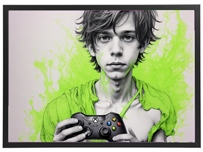 Et portræt af en ung dreng med en Xbox-controller, omgivet af sprøjt af grøn farve.