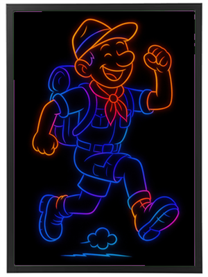 En neonlignende illustration af en glad vandrer med rygsæk, der løber.