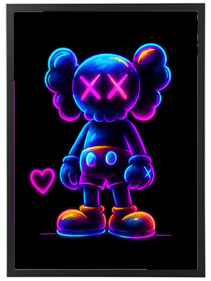 En stiliseret, farverig figur med neonfarver og et hjerte, der udstråler liv og energi.