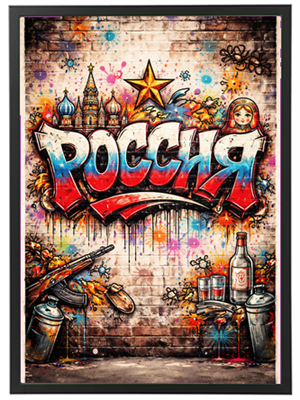Et vægmaleri med ordet ?????? i graffiti-stil, omgivet af symboler og farver, der repræsenterer Rusland.