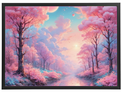 Et farverigt landskab med lyserøde træer, en stille flod og en drømmende himmel.