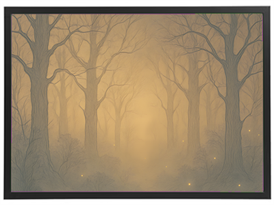 En tåget skov med høje træer og bløde lysglimt, der skaber en drømmende atmosfære.