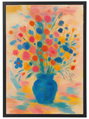 Et maleri af en blomsterbuket i en blå vase, fyldt med farverige blomster og livlige nuancer.