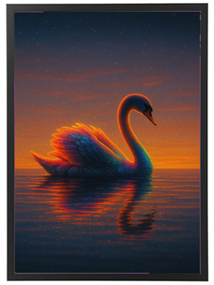 Et malerisk billede af en svane, der svømmer i stille vand ved solnedgang.