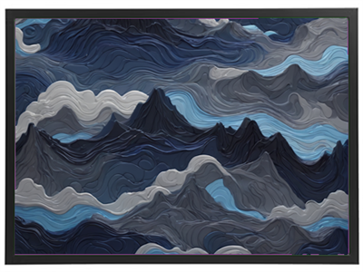 Et farverigt og abstrakt maleri, der skildrer bjerge og skyer i nuancer af blå og grå.