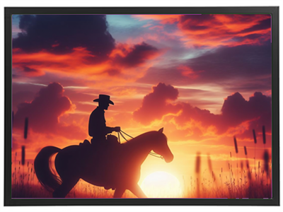 En silhuet af en cowboy på hest, der rider mod en farverig solnedgang.