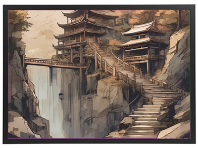 Et smukt illustreret billede af et buddhistisk tempel beliggende ved et vandfald, omgivet af klipper.