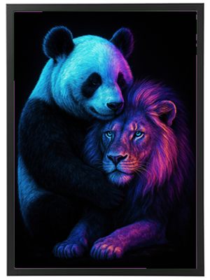 Et kunstnerisk billede af en panda, der krammer en løve, begge i neonfarver.