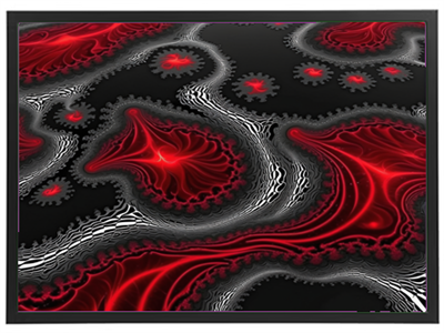 Et farverigt abstrakt design med røde og sorte spiraler og mønstre, der skaber dybde.