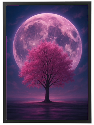 Et smukt, rosa træ står mod en stor, lysende måne i en drømmende nattehimmel.