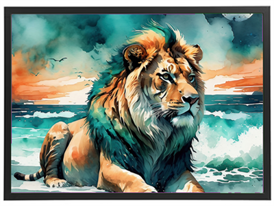 Et maleri af en majestætisk løve, der ligger ved vandkanten med en farverig baggrund.
