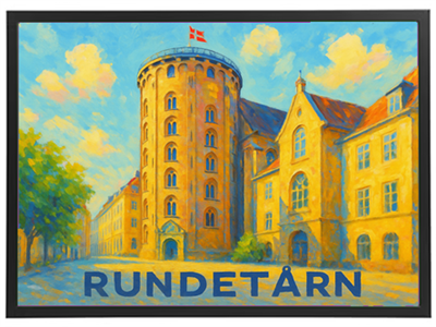 Farverigt maleri af Rundetårn i København, med bygninger og flag.