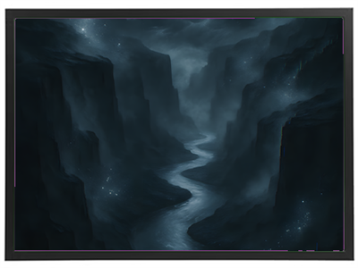 En dramatisk og dyster kløft med en snoet flod, oplyst af svage stjerner.