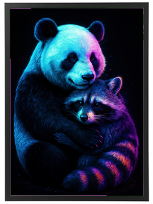 Et farverigt og fantasifuldt billede af en panda og en vaskebjørn, der krammer.