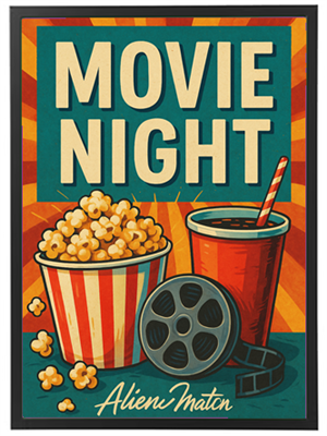 Et farverigt billede med tekst om film aften, popcorn og en sodavand.