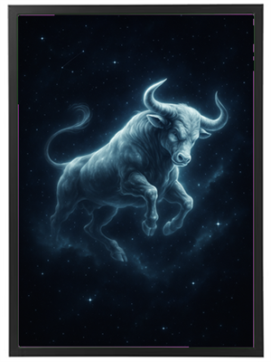 En lysende tyr svæver gennem et stjernetegn i det mørke univers.