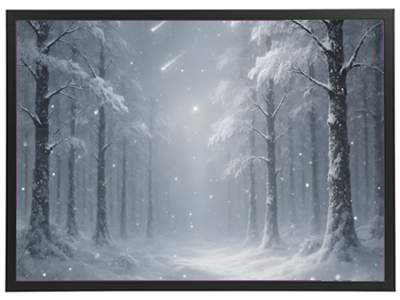 En stille skov i vinter med sneklædte træer og stjerneskud i himlen.