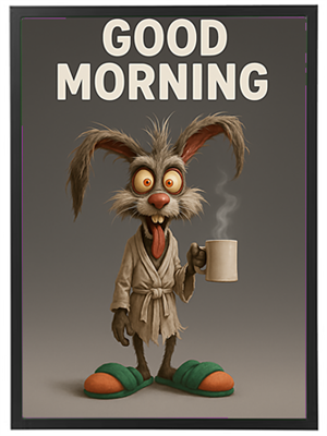 En tegneseriekanin i badekåbe, der holder en kaffekop og ønsker Godmorgen.