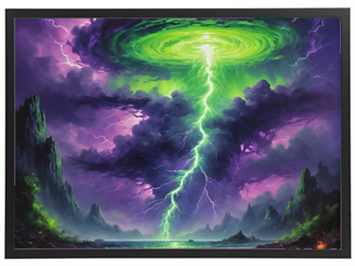 En dramatisk landskabsillustration med en grøn, hvirvlende himmel og lyn, der lyser op.