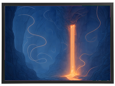 Et surrealistisk billede af et lysende vandfald, der strømmer ned i en mørk kløft.