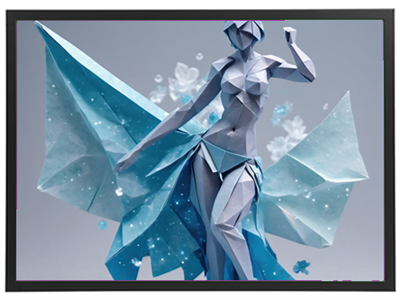 En smuk origami-figur af en danser med blå nuancer og detaljerede folder, omgivet af blomster.