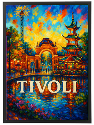 Et maleri af Tivoli med farverige lys, en pagode og en smuk aftenhimmel.
