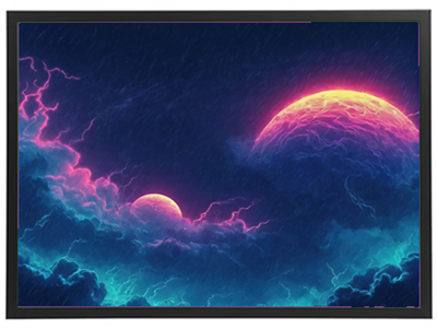 En farverig, dramatisk himmel med to planeter og lyn, der skaber en mystisk atmosfære.