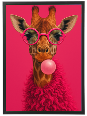 Et farverigt billede af en giraffe iført store, lyserøde briller og blæser bobler.
