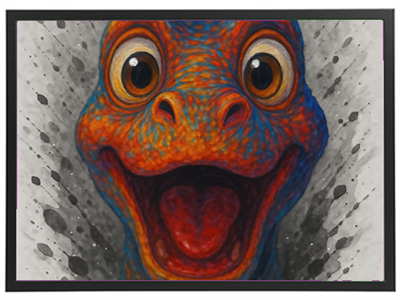 Et livligt og farverigt billede af et dinosaur-lignende væsen med store øjne og et smil.
