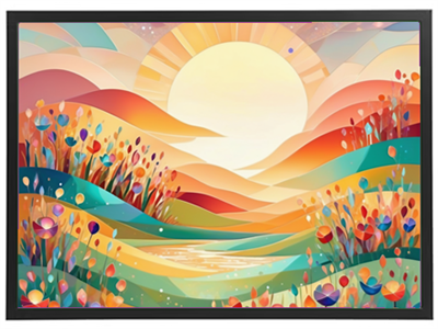 En livlig og farverig illustration af en solopgang over et bølgende landskab med blomster.