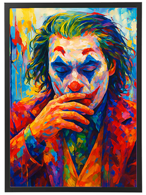 Et farverigt portræt af en klovn med dramatisk makeup og en eftertænksom attitude.