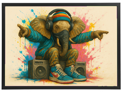 En farverig illustration af en elefant iført hovedtelefoner og sporty tøj, der sidder på højttalere.