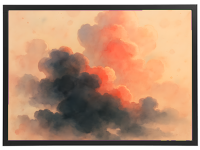 En smuk akvarel af skyer i nuancer af sort, orange og lyserød, der skaber en drømmende stemning.