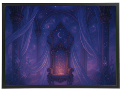 En drømmende scene med en smuk stol i en stjerneklar, lilla atmosfære.