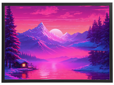 En farverig skildring af bjerge, en sø og en hytte ved solnedgang med nuancer af pink og lilla.