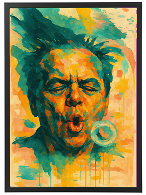 Et abstrakt maleri af en mand, der blæser en boble, med kraftige farver og dynamiske penselstræk.