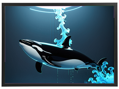 En digital illustration af en sværdfisk svømmer gennem blåligt vand med lysstråler.