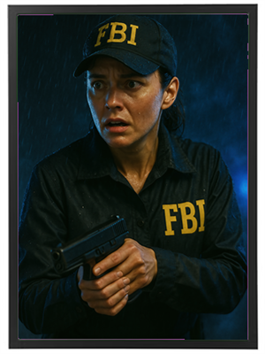 En FBI-agent står klar med en pistol, omgivet af regn og dramatisk lys.
