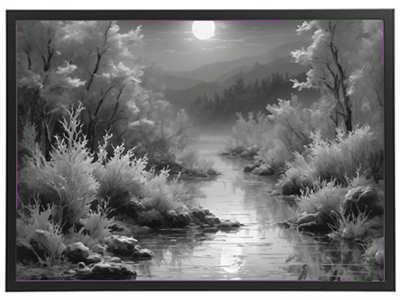 Et sort-hvidt landskab med en stille flod, omkranset af træer og bjerge under en fuldmåne.