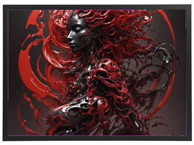 En surrealistisk figur med flydende, glansfulde former i røde og sorte nuancer.