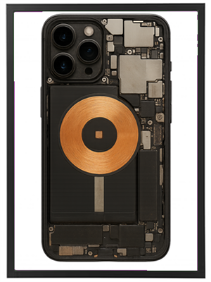 Billedet viser den indvendige opbygning af en smartphone med fokus på komponenter og trådløs opladning.