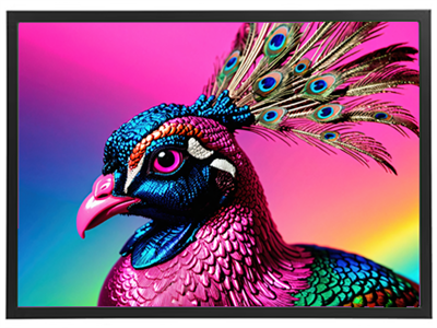 Et nærbillede af en farverig påfugl med strålende fjer i nuancer af blå, pink og grøn.