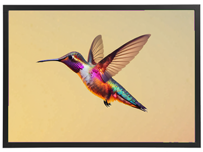 Et kunstnerisk billede af en kolibri, der svæver med farverige fjer mod en blød baggrund.